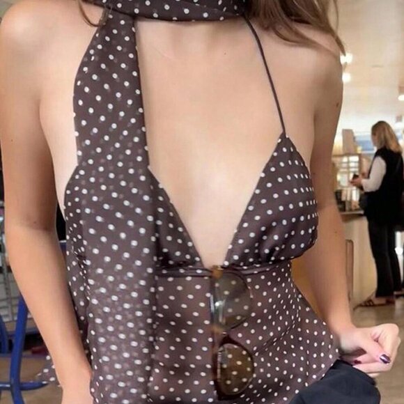 Coffee Brown Sexy Women's Polka Dot Print Lace Up Camisole Tees Tops - Picture 6 of 8